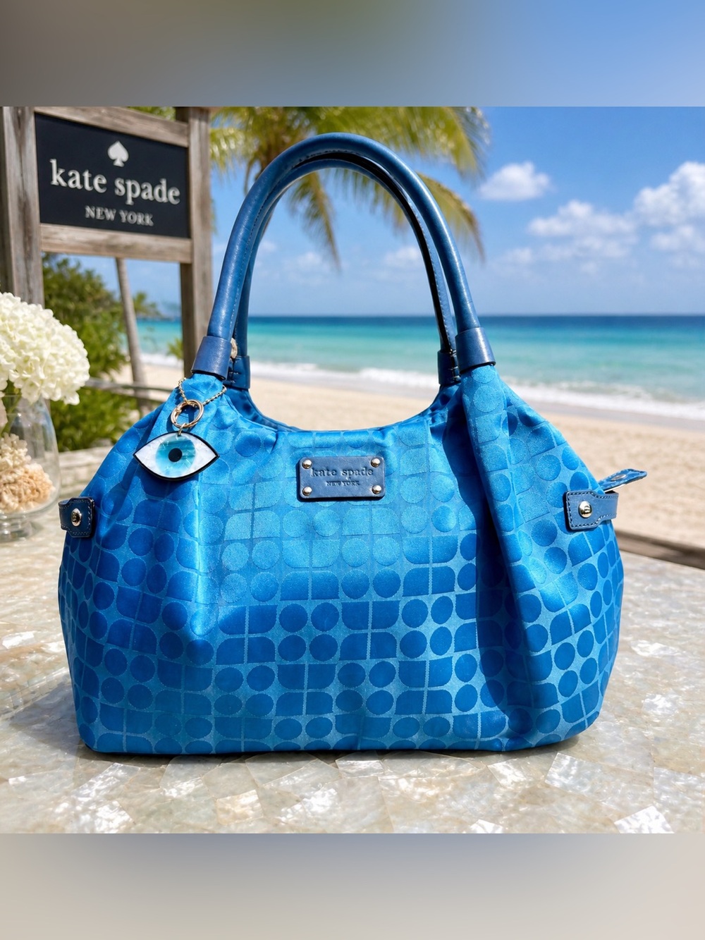 Kate Spade New York Blue Geo Print Tote with Evil Eye Charm EUC
